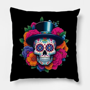 Sugar Skull Art - Top Hat Skull Pillow