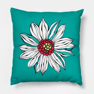 White Teal Yellow Red Daisy Flower Pillow