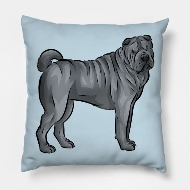 Cute Blue Sharpei Dog Pillow by Shirin Illustration