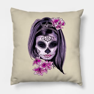 Catrina face painted in pastel colors with pink flowers. Feminist princess catrina face. Pillow