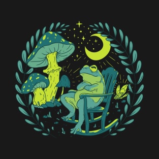 Goblincore Aesthetic Cottagecore Frog waiting for mushrooms to grow (Green) - Mycology Shrooms Fungi T-Shirt