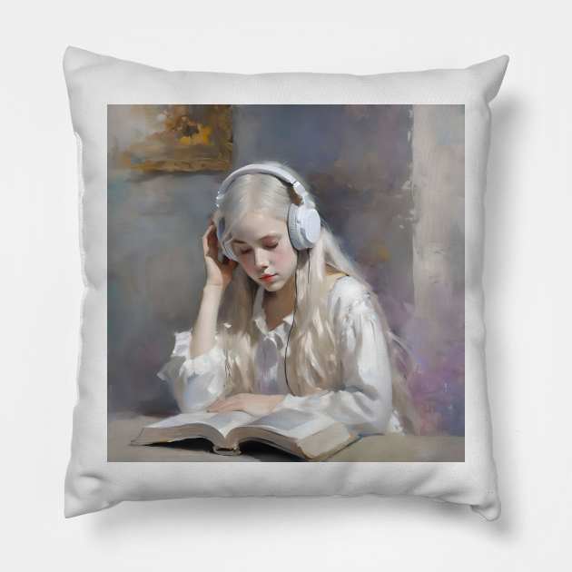 Blonde Girl With Headphones Reading Book A Pillow by Oldetimemercan