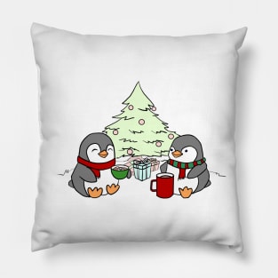 Christmas Penguins Enjoying Hot Cocoa with Christmas Tree Pillow