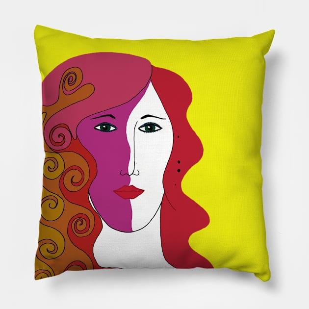 Woman's Face with Red, Pink and Orange Colored Hair Pillow by karenmcfarland13