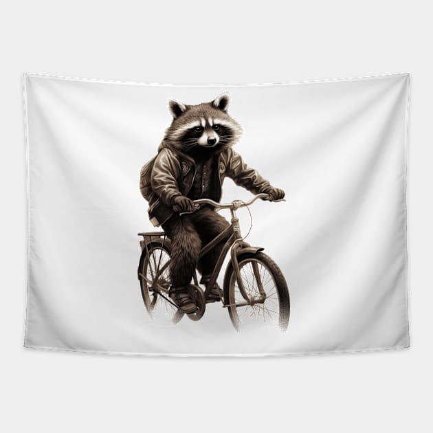 Raccoon on a Bike Tapestry by WorldByFlower