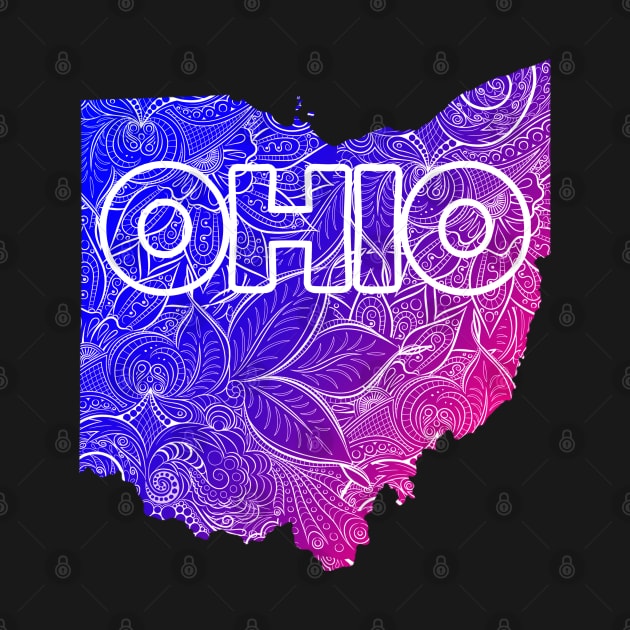 Colorful mandala art map of Ohio with text in blue and violet by Happy Citizen