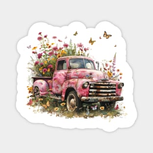Farm Girl Pink Truck with Wildflowers Magnet