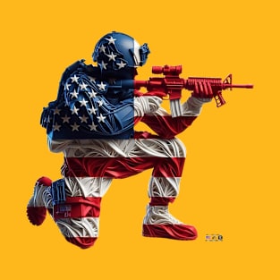 American Military Soldier and USA Flag by focusln T-Shirt