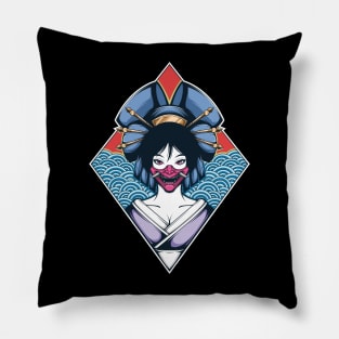 Japanese Geisha Wearing Oni Mask Pillow