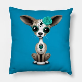 Teal Blue Day of the Dead Sugar Skull Chihuahua Puppy Pillow