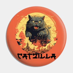 Catzilla Vintage Funny Cute Cat Art Japanese Sunset Pin