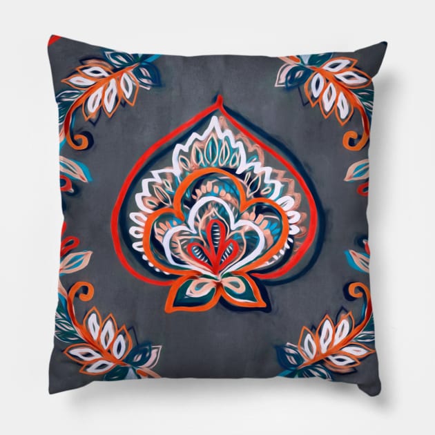 Floral Ogees in Red & Blue on Grey Pillow by micklyn