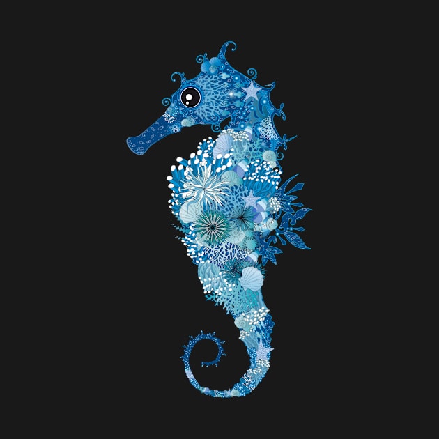 Seahorse with corals, shells and sea anemones by Kisho