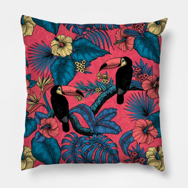 Toucan garden in red and blue Pillow by katerinamk