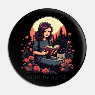 Girl with Cat Reading Book Moonlight Catnap Pin