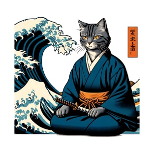 Vaporwave Samurai Cat Great Wave Off Kanagawa T-Shirt