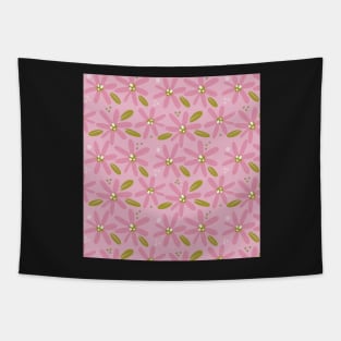 Cute pink abstract flowers and green leaves in a fun playful flowerpower pattern Tapestry