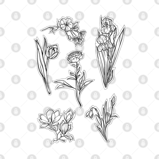 Black and white Spring Flowers set, Art Nouveau flower pattern, nature, Tulip, Iris, Cherry Blosom, Primrose, Pastel, Watercolor style by SSINAMOON COVEN