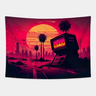 Old Arcade Machine Chilling Under Synthwave Sun Tapestry