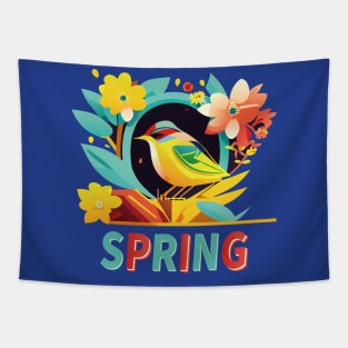 Whispers of Spring: Serene Floral and Bird Art Print Tapestry