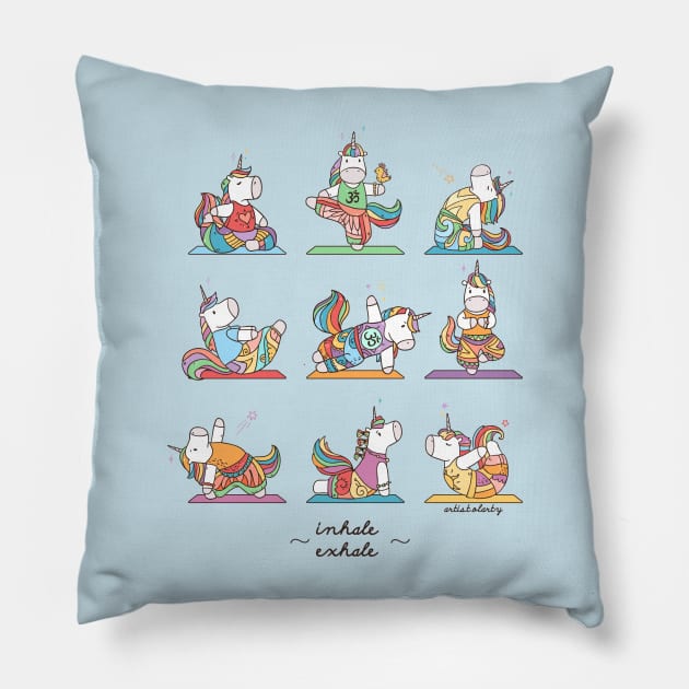 Yoga poses with Unicorns. Inhale and exhale Pillow by Olya Yatsenko