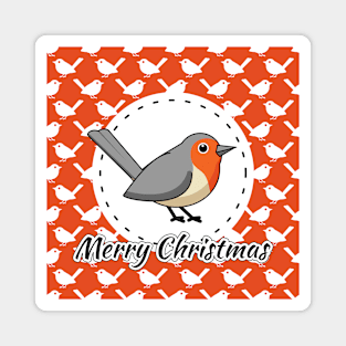 Robin on Orange White Bird Pattern - Merry Xmas Magnet