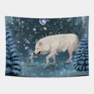 Awesome polarwolf with cute fairy Tapestry