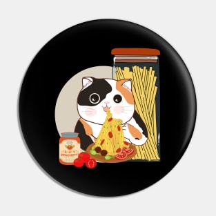 Cute chubby cat eating spaghetti. Pin