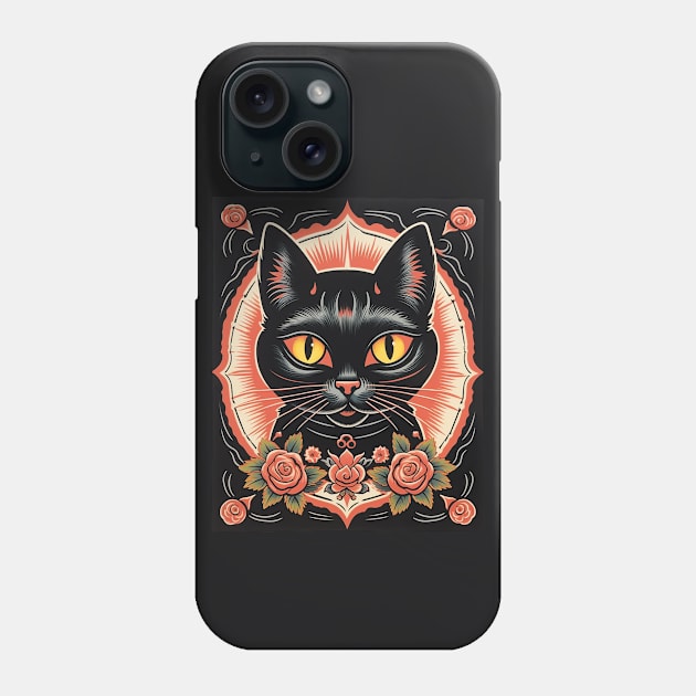 Vintage Retro Black Cat Roses Phone Case by AI Art Originals