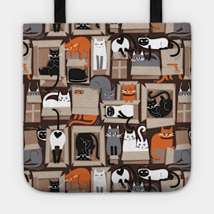 Purfect feline architecture // pattern // brown background cute cats in cardboard boxes Tote