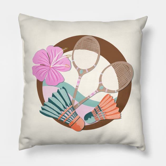 Tropical badminton badge - orange, teal and pink Pillow by Home Cyn Home 