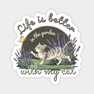 Gardening Cat Yellow Butterfly Lavender Garden Meow Kitty Distressed Vintage Cute Magnet