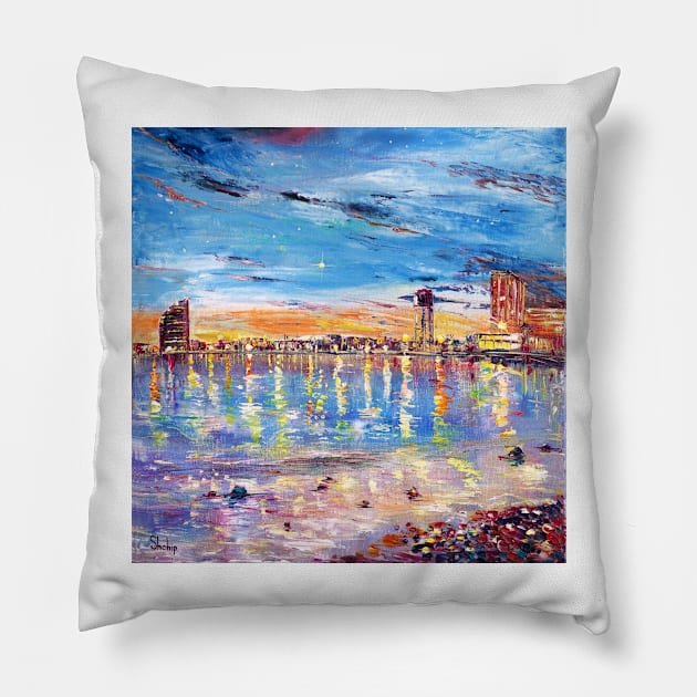 Barceloneta Beach at Night Pillow by NataliaShchip