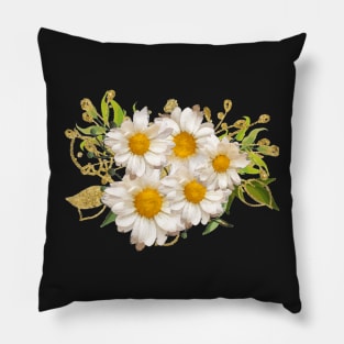 White Daisy Pattern Watercolor Floral Gerber Flower Bouquet Blue Paint Pillow