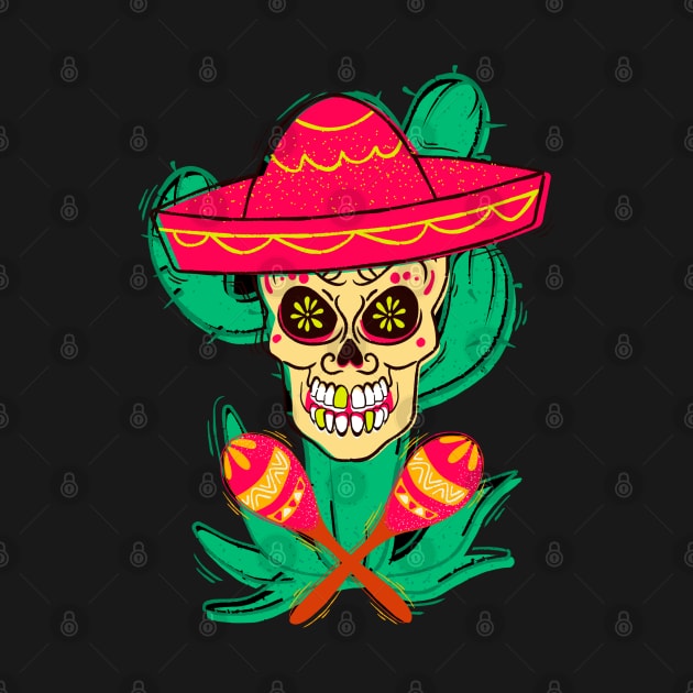 Mexican sugar skull with hat and maracas. by Rebeldía Pura