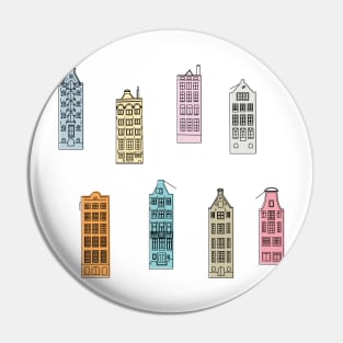 Facades of old canal houses from Amsterdam City rainbow colorful illustration Pin