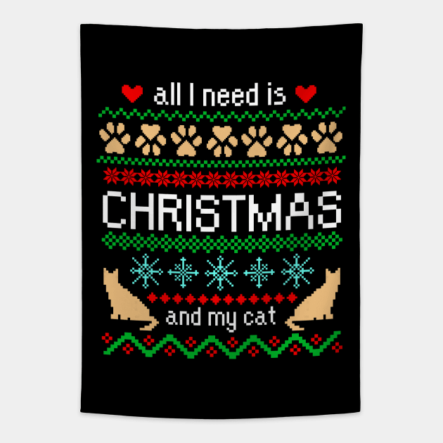 All I Need is Christmas and My Cat Ugly Sweater Black Tapestry by julieerindesigns