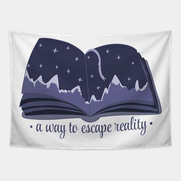 A way to escape reality blue book with stars and mountains panorama (a design for readers) Tapestry by loulou-artifex