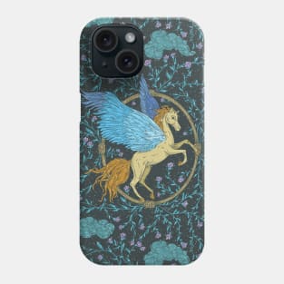Pegasus with blue wings in a wooden frame on black background with flowers Phone Case