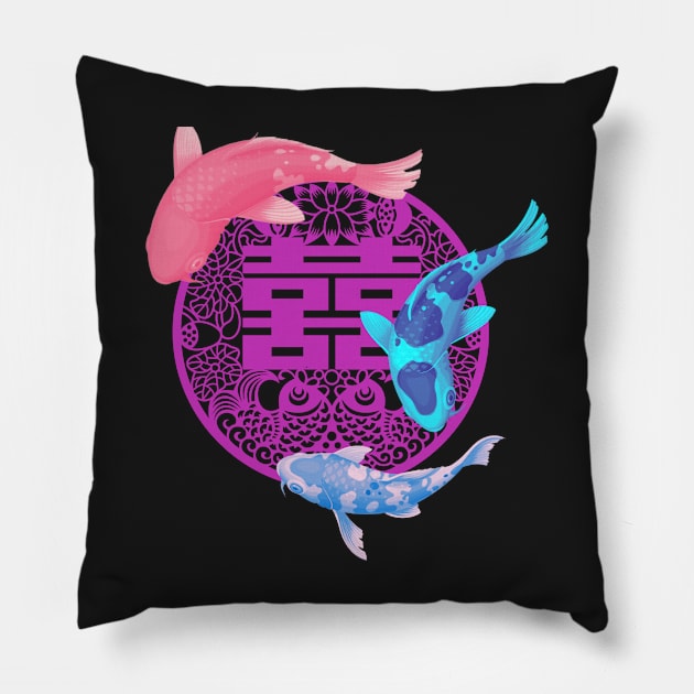 Double Happiness Koi Fish Blush Pink with Purple Symbol - Hong Kong Retro Pillow by CRAFTY BITCH