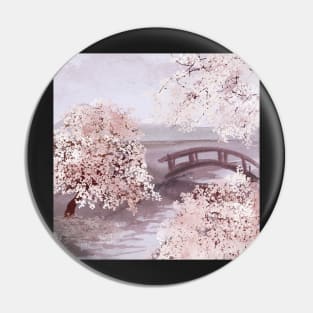 Sakura blooming trees, bridge on river watercolor. Cherry blossom scenery. Spring nature Pin