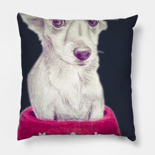 More food please? Cute hungry puppy dog inside his pink doggy food bowl - drawing graphite Pillow