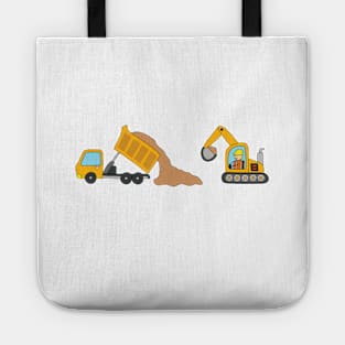 kids drawing of construction vehicles, dump truck unloading gravels and excavator dredging them Tote