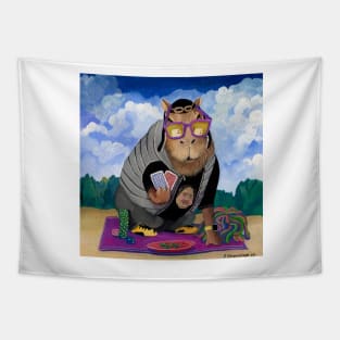 Capybara playing cards on the beach Tapestry