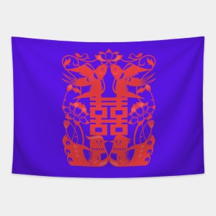 Traditional Chinese Paper Cutting Pattern - Hong Kong Retro Deep Purple with Red Symbol Tapestry