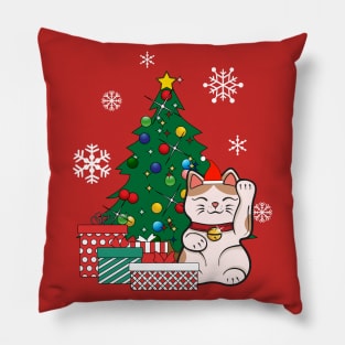 Lucky Cat Around The Christmas Tree Pillow