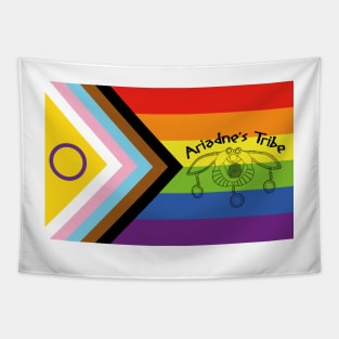 Ariadne's Tribe logo on inclusive Pride flag Tapestry