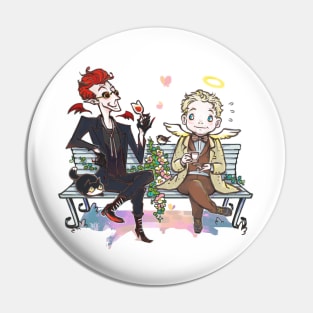 Crowley and Aziraphale sitting on a bench Pin