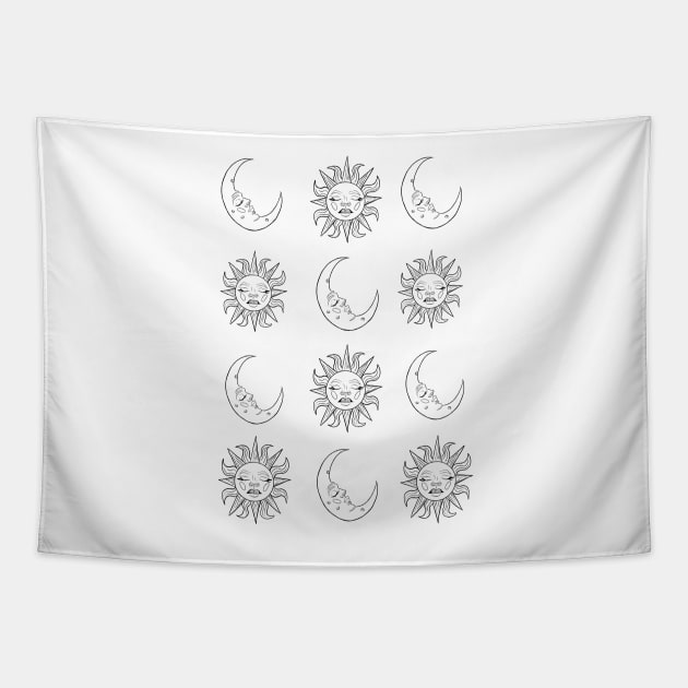 Black and white sun and moon print Tapestry by KellyJay96