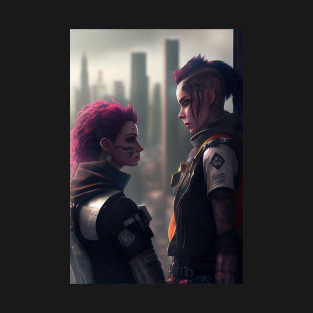 Futuristic Lesbian Lovers Embrace Over City Skyline by Cyber Punks AI